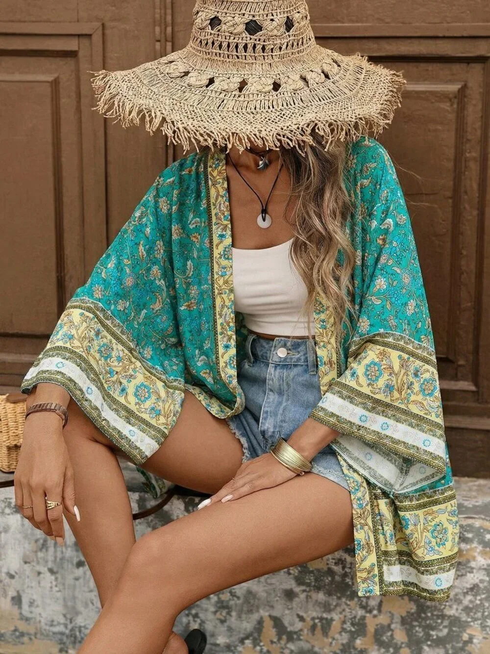 Women's Floral Print Kimono top - Picture 3 of 7